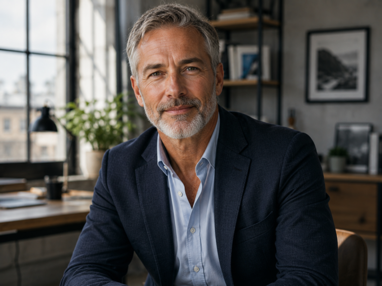Approachable male executive seated in a contemporary office environment.