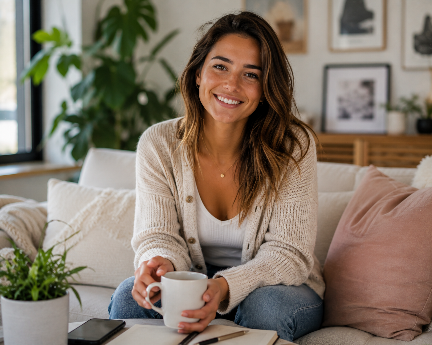 Approachable female lifestyle talent holding a coffee mug in a bright modern living room.