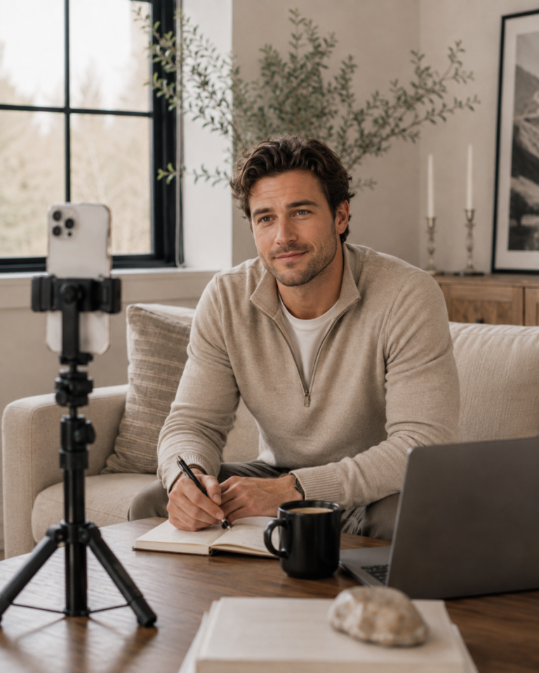 Male creator speaking to a phone camera from a warm home office workspace.