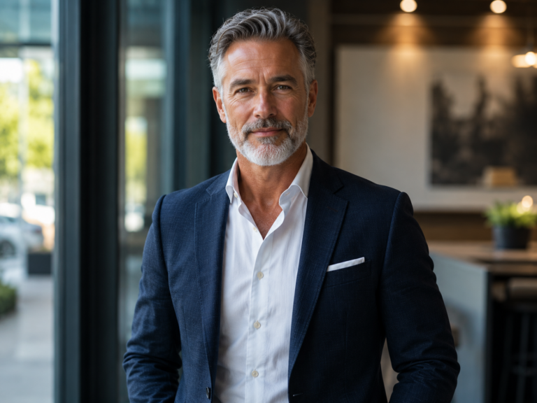 Distinguished mature male professional photographed in a modern office.