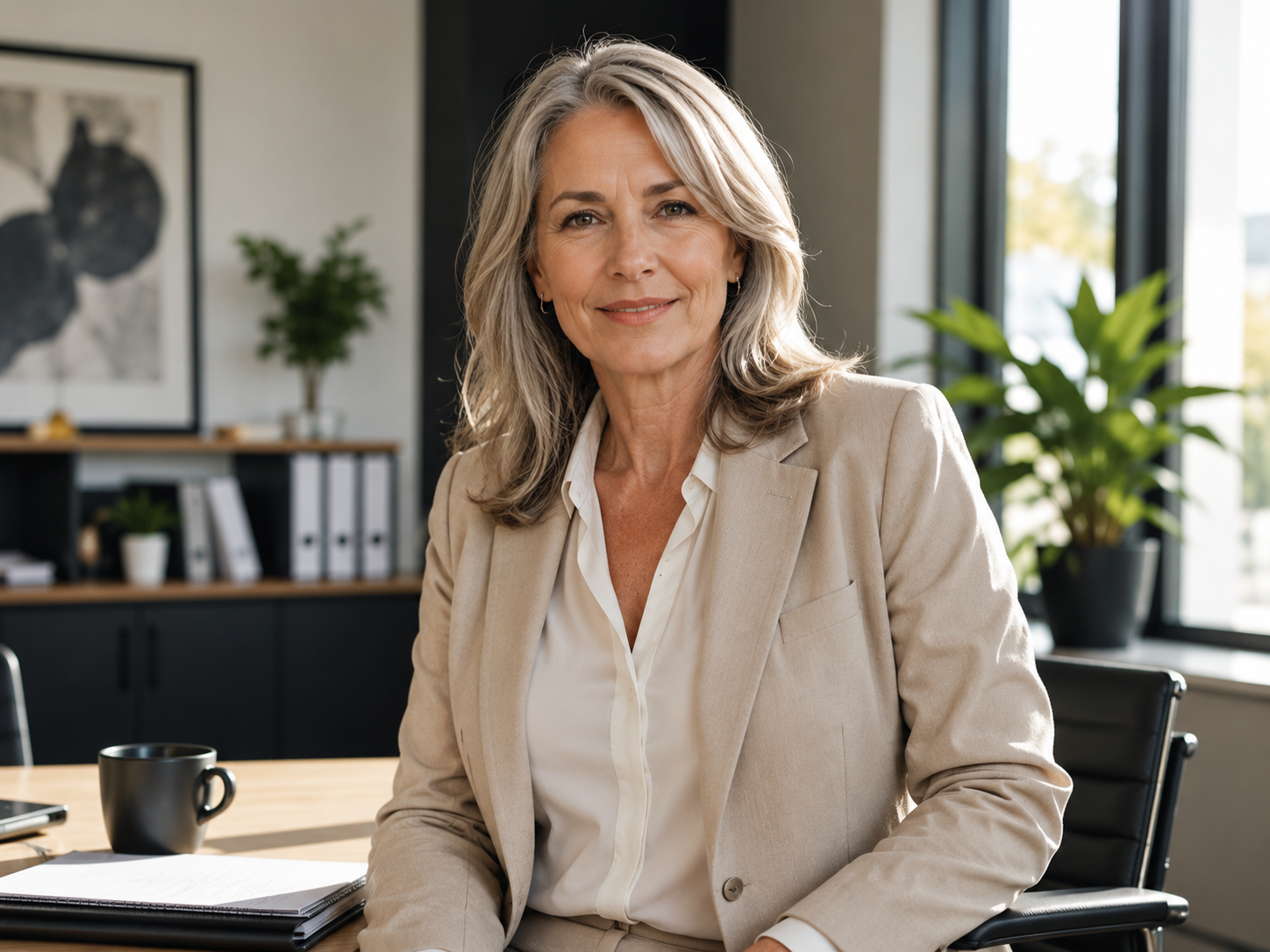 Confident mature female professional photographed in a bright modern office.