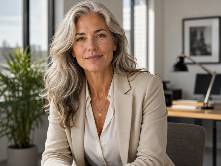 Silver-haired female professional in a neutral blazer photographed in a contemporary office.
