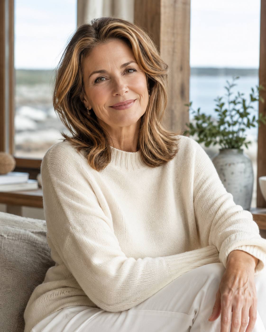 Female model in refined New England coastal light