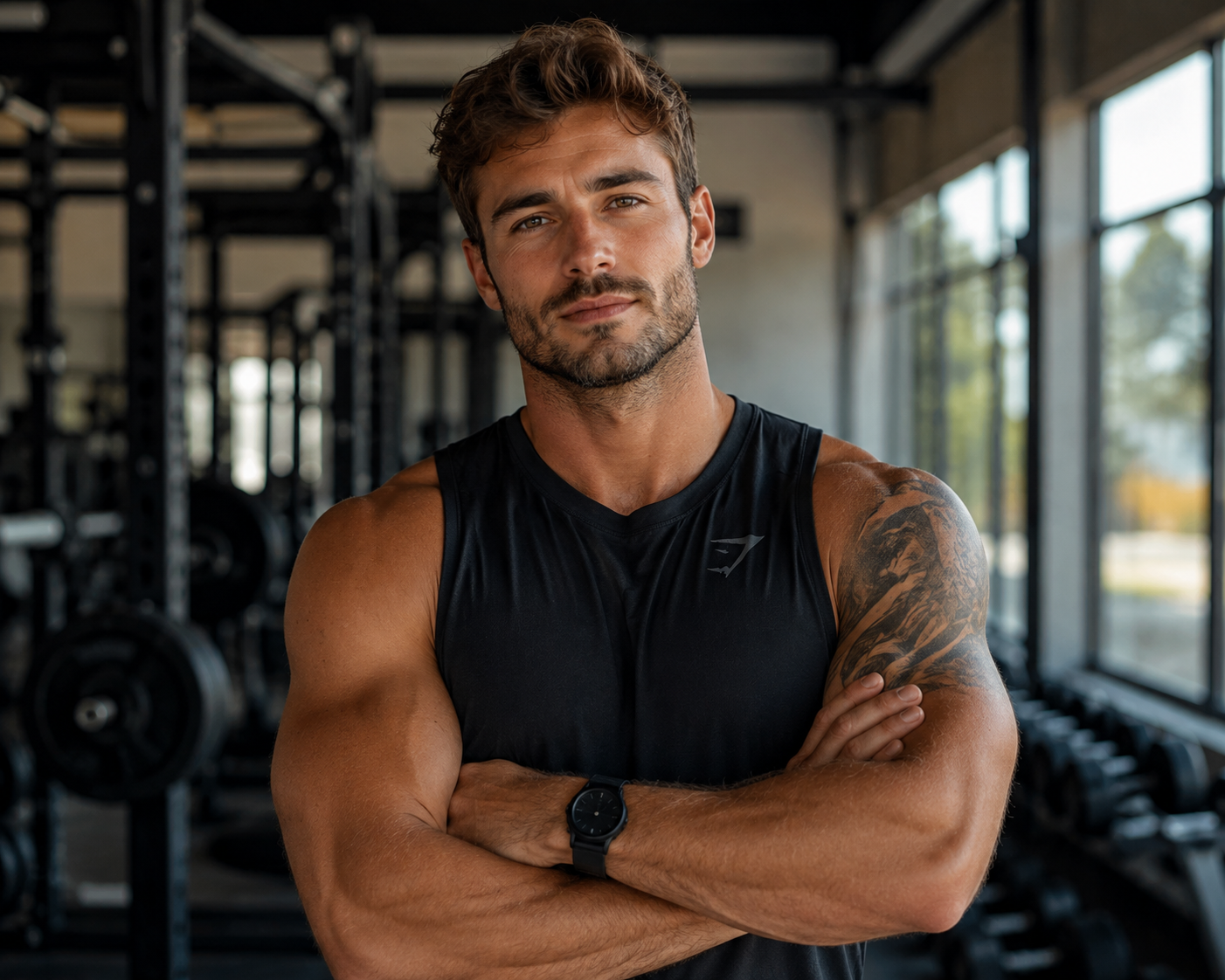 Confident male fitness talent photographed in a modern training environment.