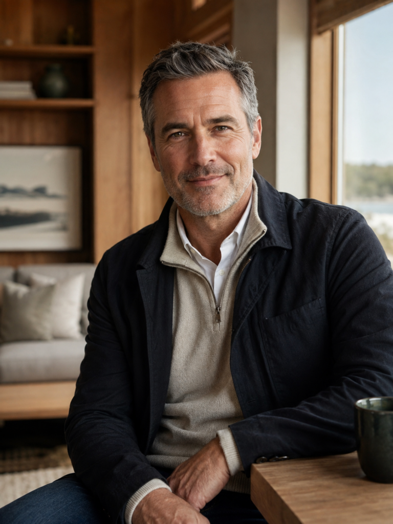 Mature man in layered casual clothing photographed beside a window in a warm rustic interior.