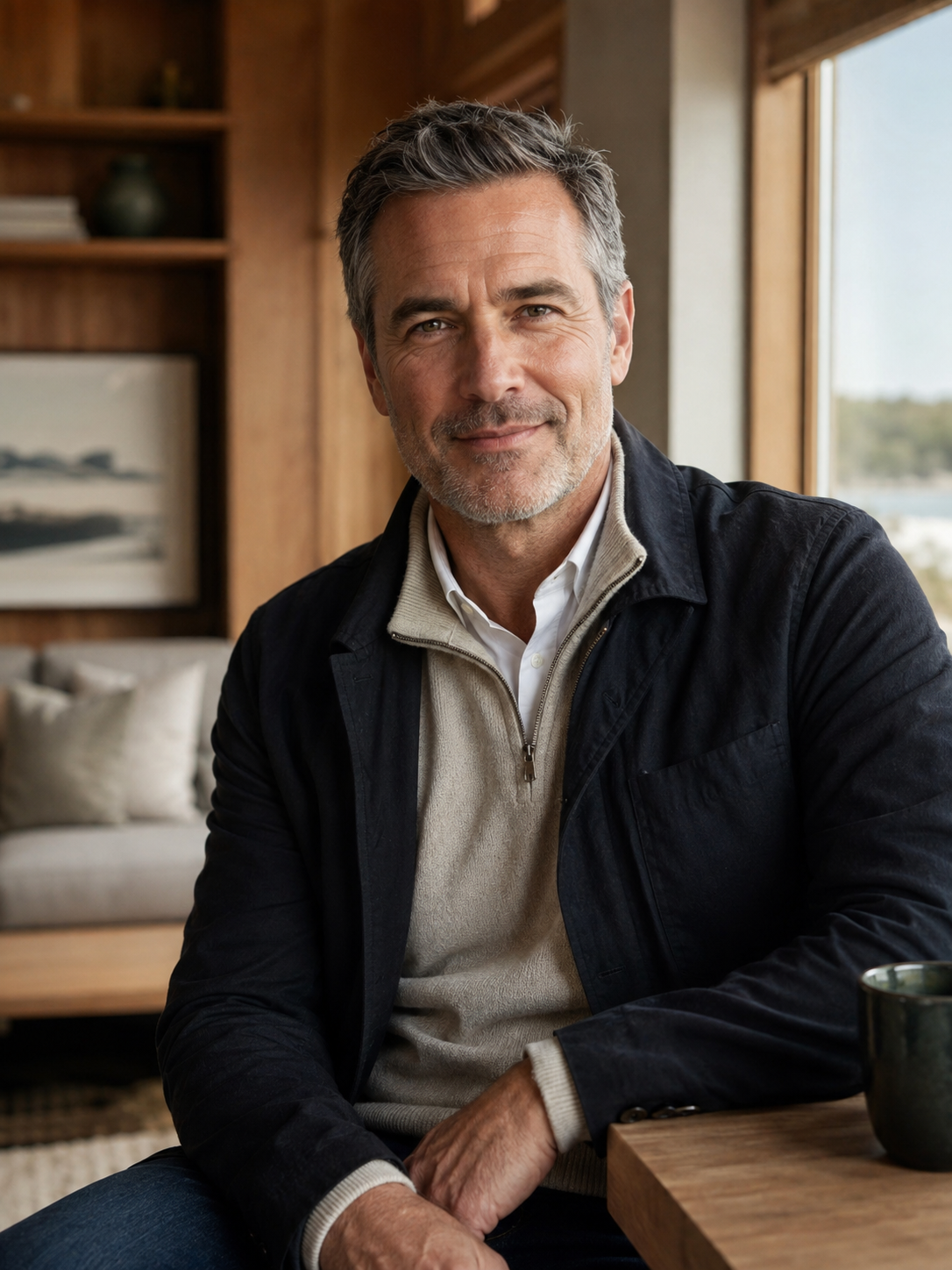 Mature man in layered casual clothing photographed beside a window in a warm rustic interior.