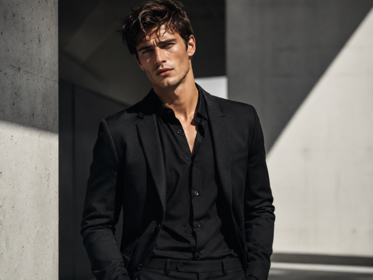 Male fashion model in a monochrome black suit posed in geometric architectural light.