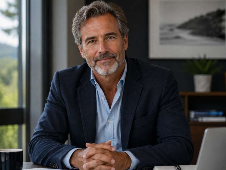 Professional male portrait in a modern office with soft natural light.