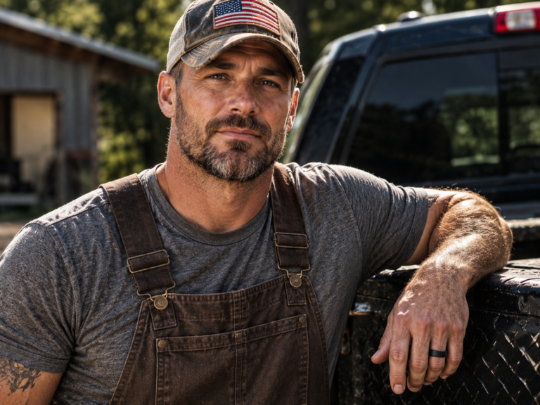 Rugged male lifestyle talent in workwear photographed beside a pickup truck in a rural setting.