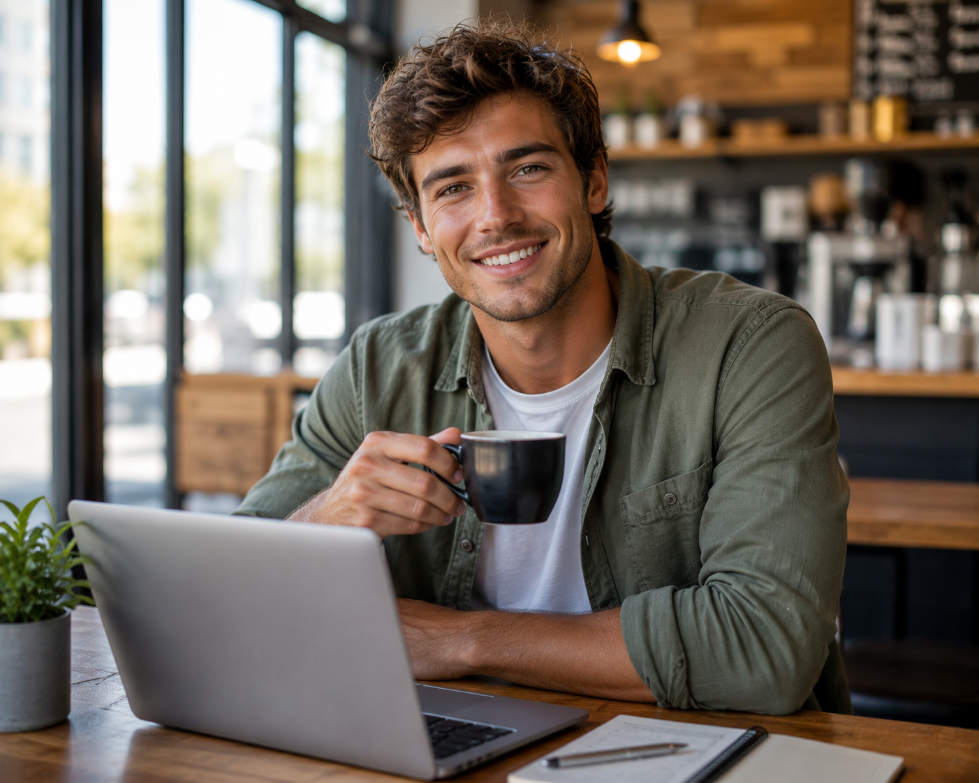 Approachable male lifestyle talent with coffee and a laptop in a warm café setting.